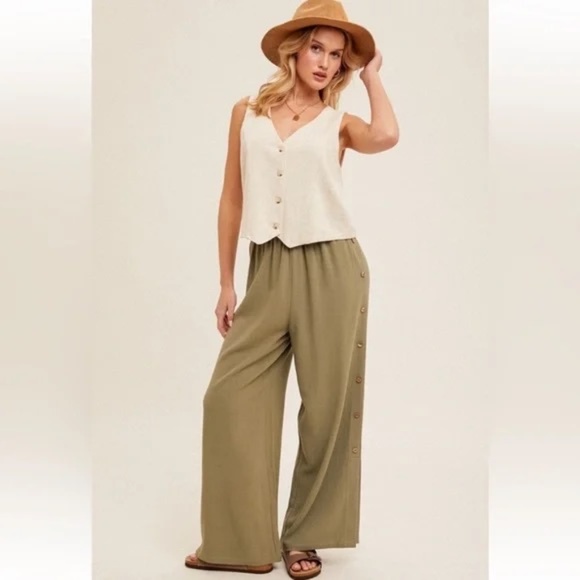 Hem & Thread Pants - Wide Leg Linen Viscose Button Pants Olive Tassel Detail